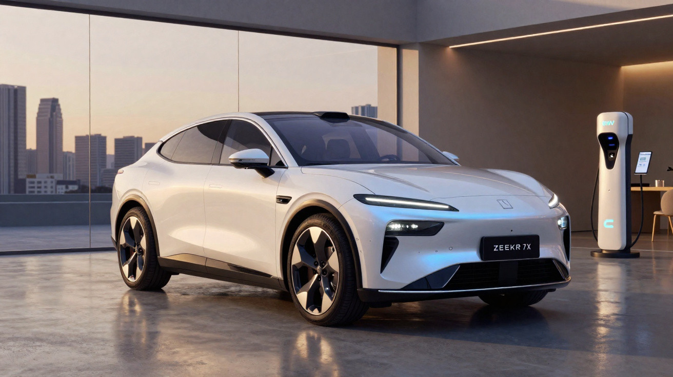 Carro elétrico branco ZEEKR 7X estacionado num edifício moderno junto a posto de carregamento.