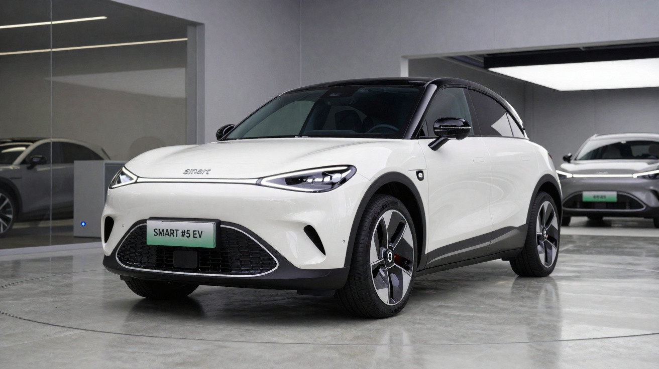 Carro elétrico smart #5 EV branco estacionado em interior luminoso com piso cinza brilhante.