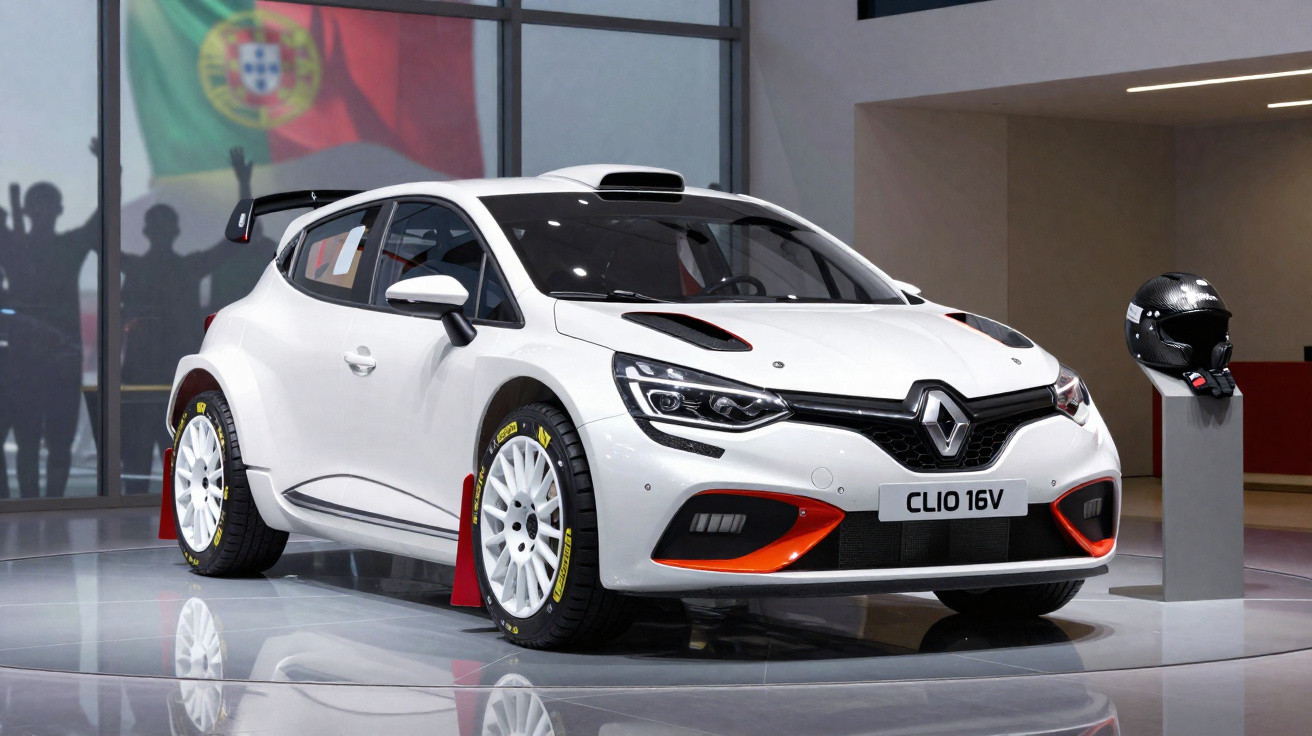 Renault Clio 16V branco de corrida exibido em showroom com pista e público ao fundo.