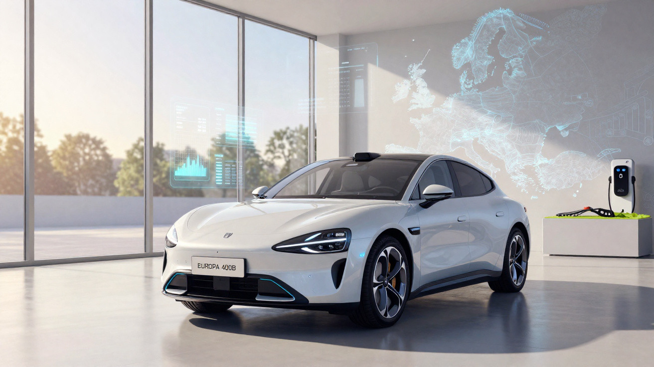 Carro elétrico branco a ser carregado numa garagem moderna com grandes janelas e suporte holográfico.