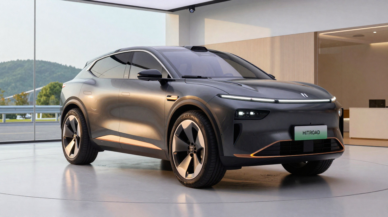 Automóvel elétrico cinza escuro estacionado em espaço interior moderno com parede de vidro e móveis ao fundo.