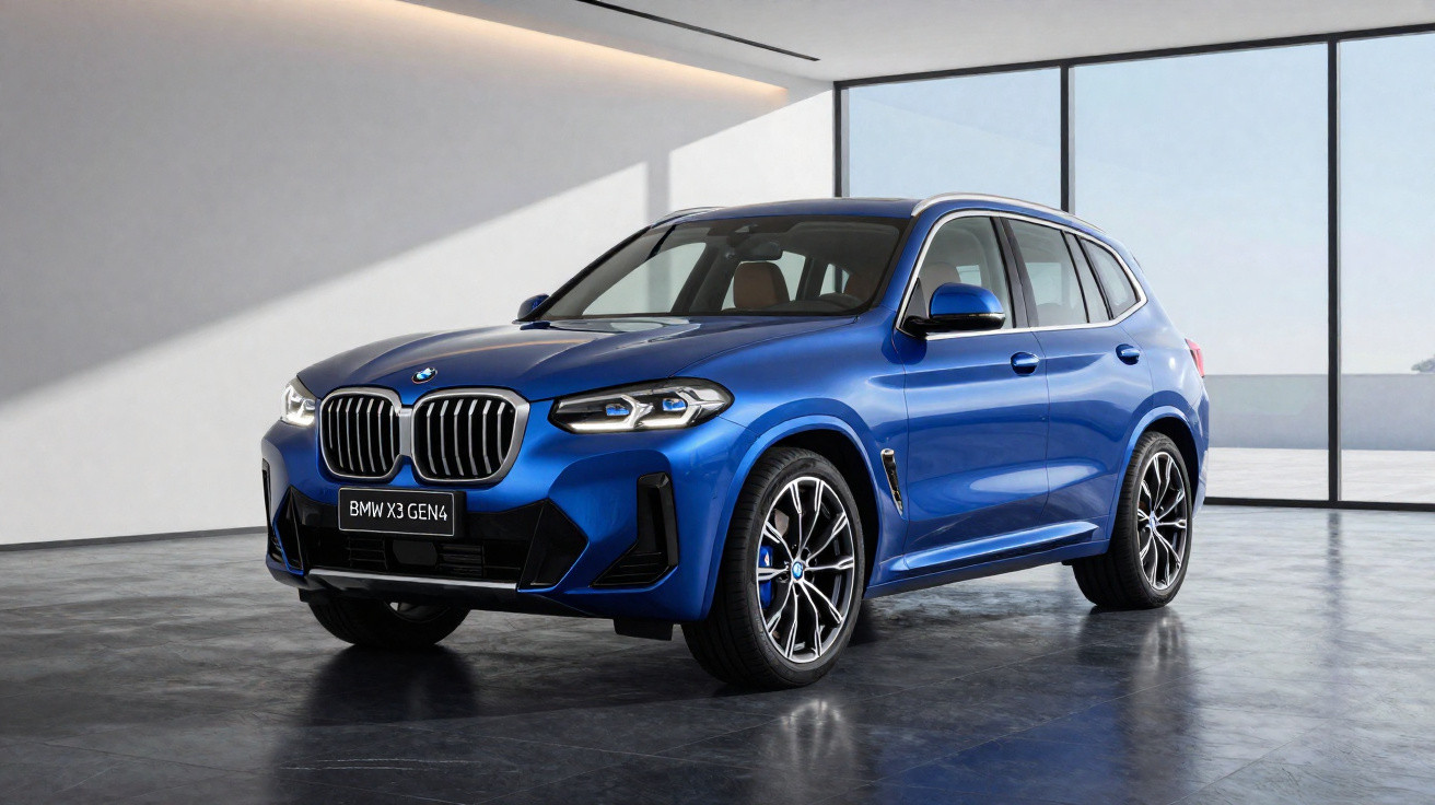 Automóvel BMW X3 GEN4 azul estacionado em piso interior com janelas amplas ao fundo.