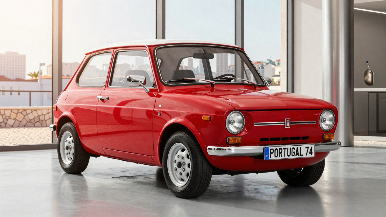 Carro clássico vermelho estacionado em piso interior com grandes janelas e vista urbana ao fundo.