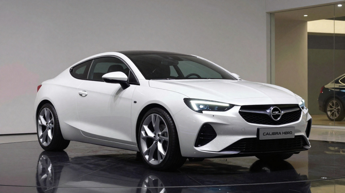 Carro desportivo branco Opel Calibra Hero estacionado em sala com chão refletor e espelho atrás.