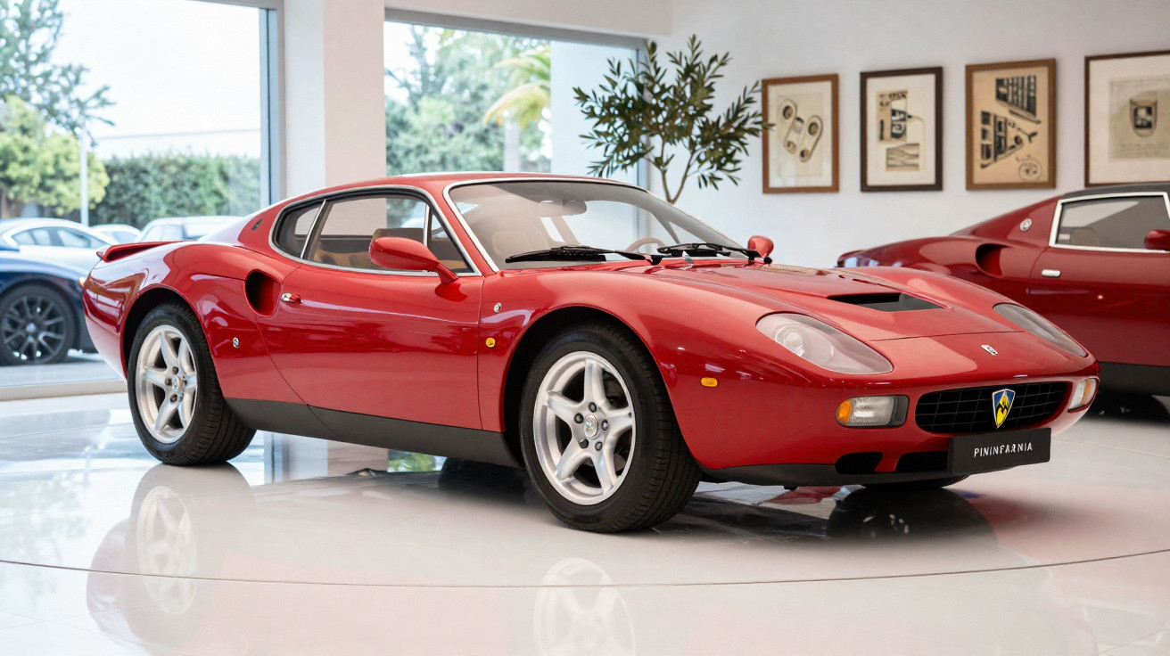 Carro desportivo clássico vermelho expositor em sala moderna com chão brilhante branco.