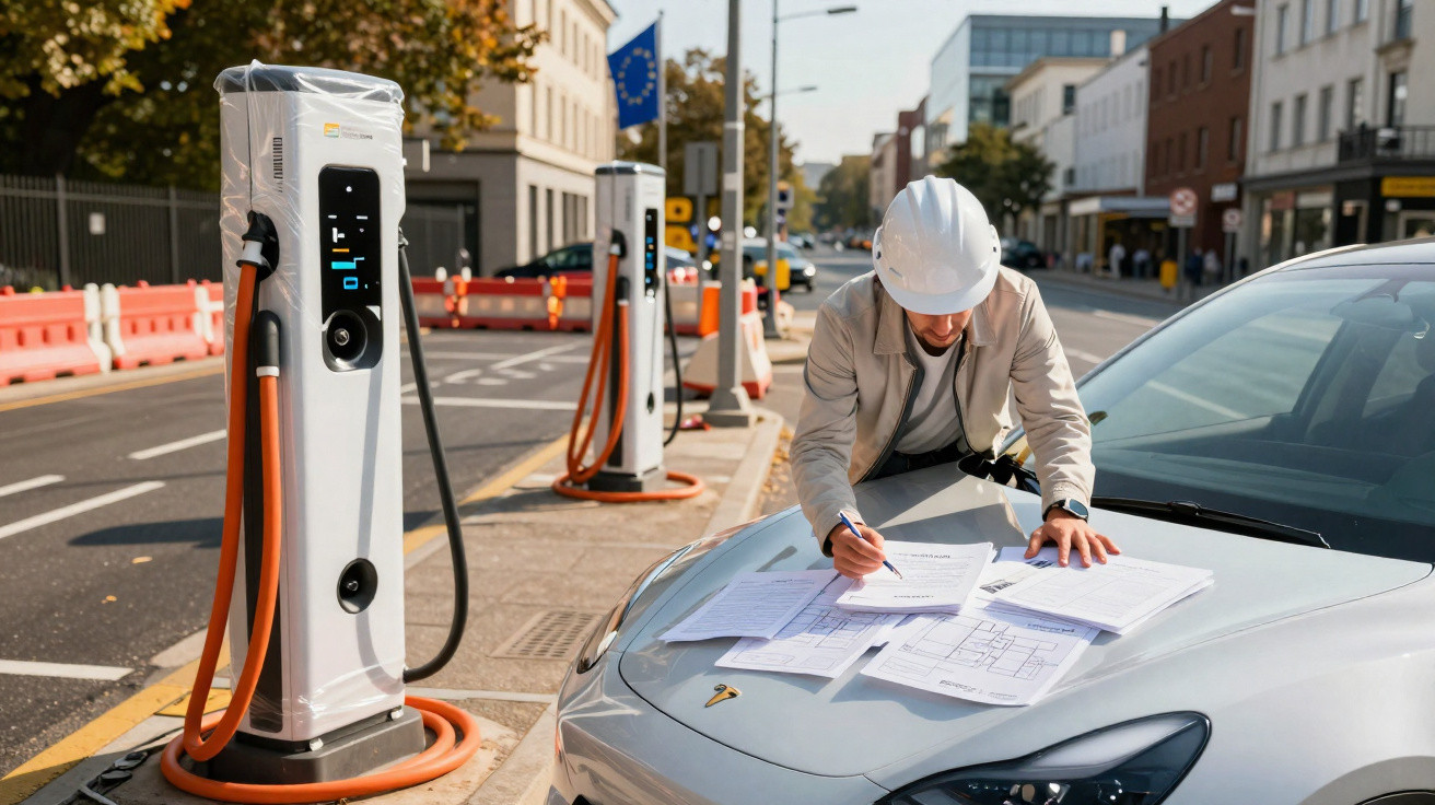 Homem de capacete consulta plantas sobre capô de carro elétrico junto a posto de carregamento na cidade.