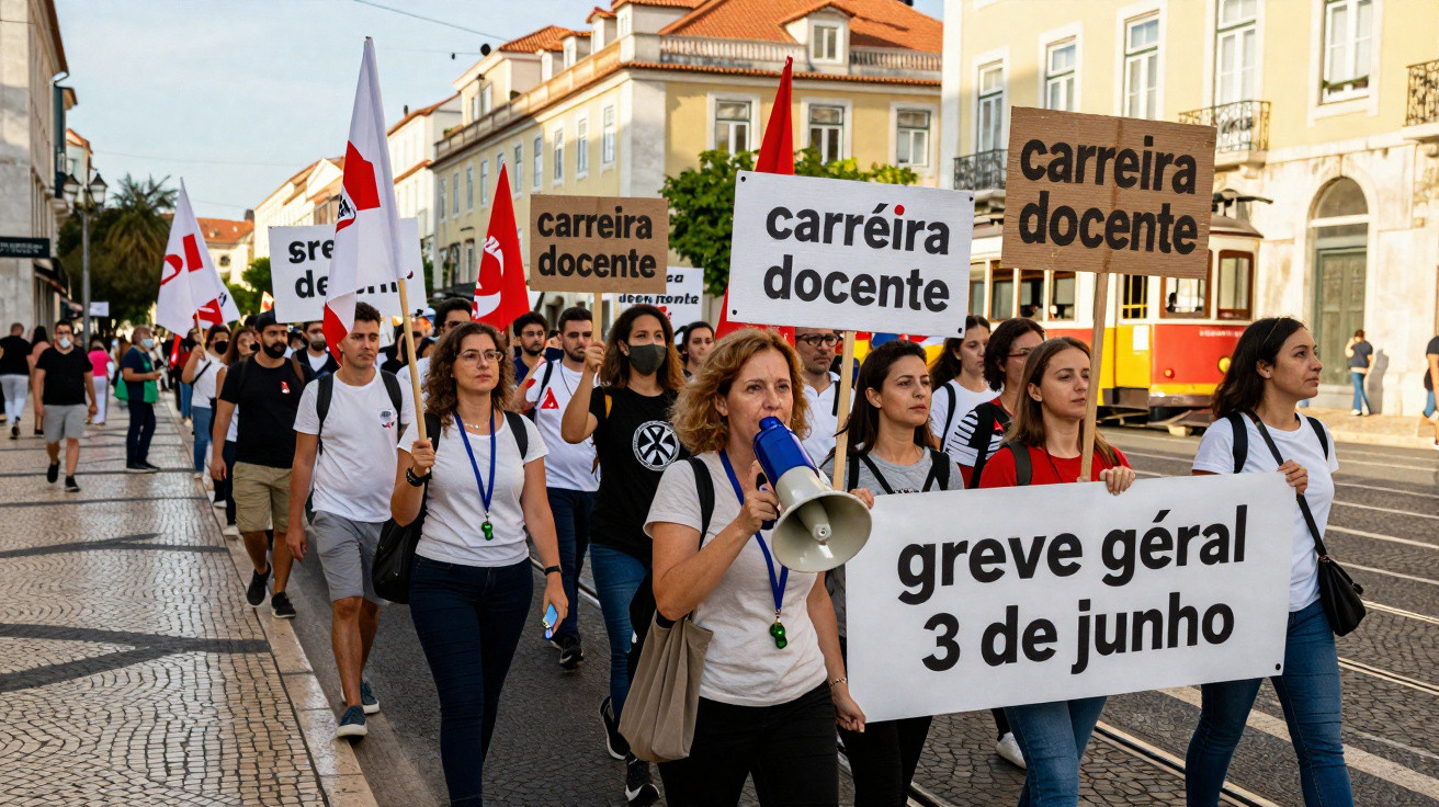 Manifestantes em greve geral com placas e bandeiras na Rua Augusta, Lisboa, com o Arco da Rua Augusta ao fundo.