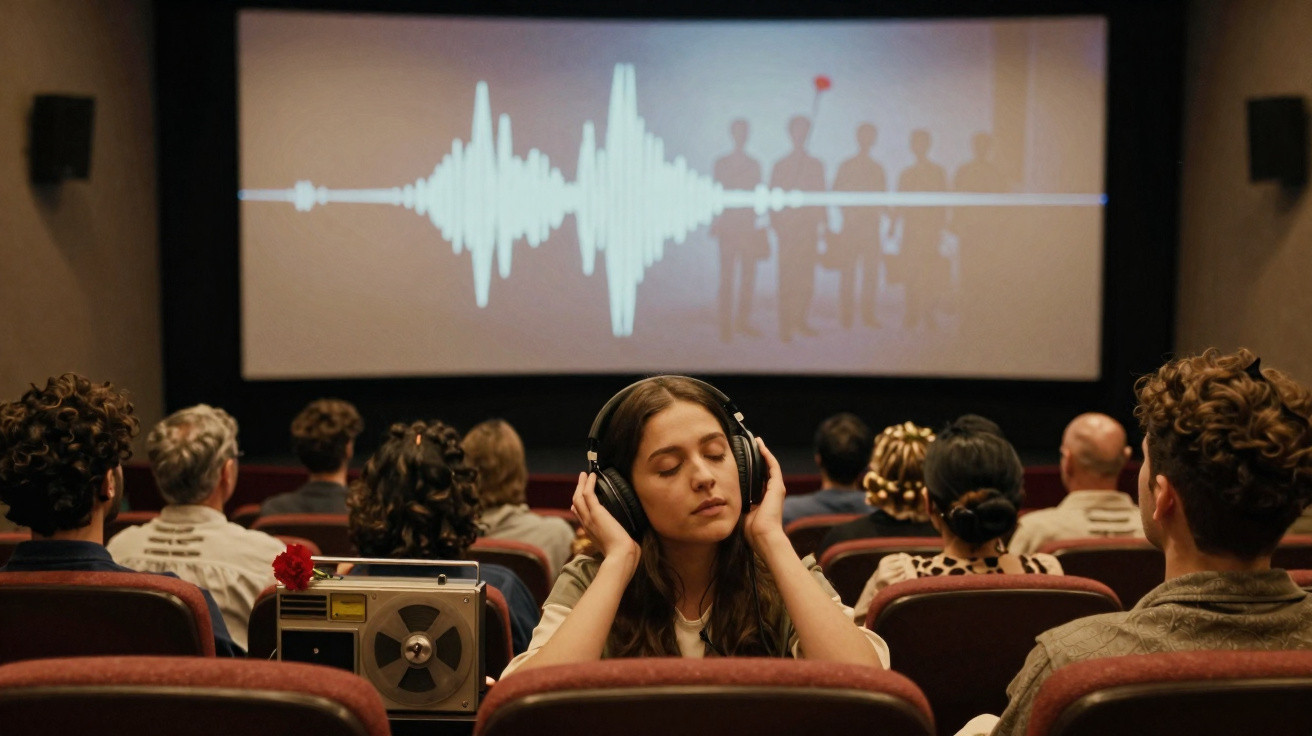 Mulher de headphones a ouvir fita magnética numa sala de cinema com o ecrã a mostrar data e gráfico de som.