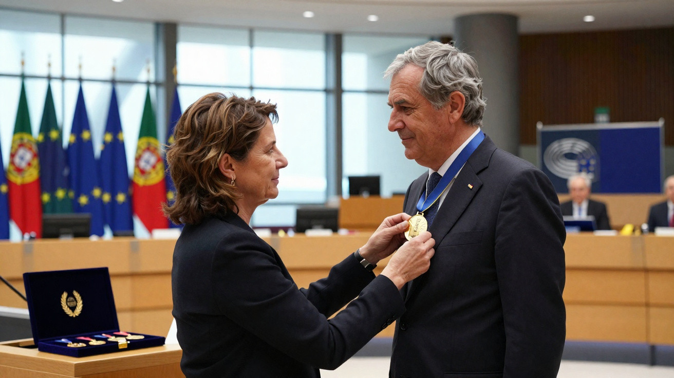 Mulher entrega medalha a homem em cerimónia formal com bandeiras de Portugal e UE ao fundo.