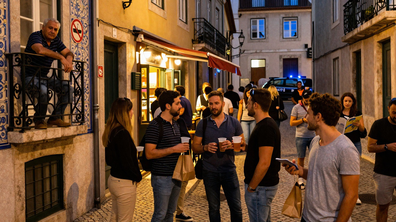 Pessoas a socializar numa rua estreita com iluminação amarela ao entardecer, em ambiente urbano.