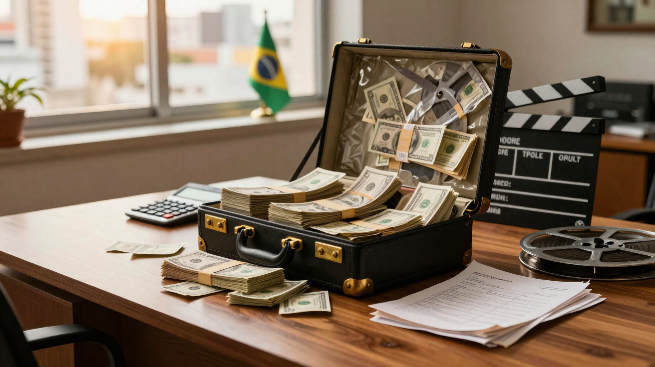 Mala aberta com stacks de dinheiro em notas de dólar, calcadora, ficha de filme e bandeira do Brasil numa mesa de escritório.