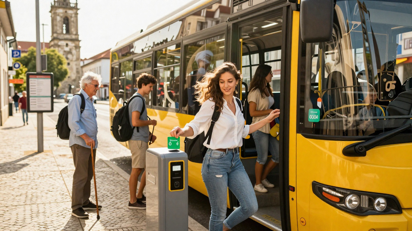 Mulher a entrar num autocarro amarelo enquanto outras pessoas fazem fila numa paragem urbana.