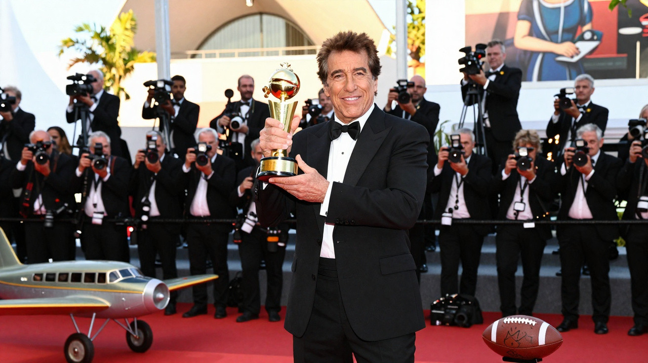 Homem de fato preto segura troféu dourado no tapete vermelho com fotógrafos ao fundo.