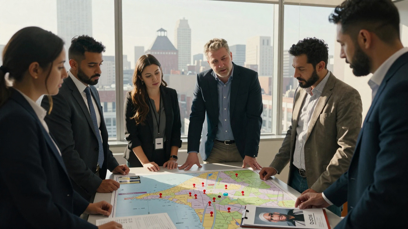 Grupo de cinco pessoas de negócios a discutir mapas com marcadores vermelhos numa sala com vista para a cidade.