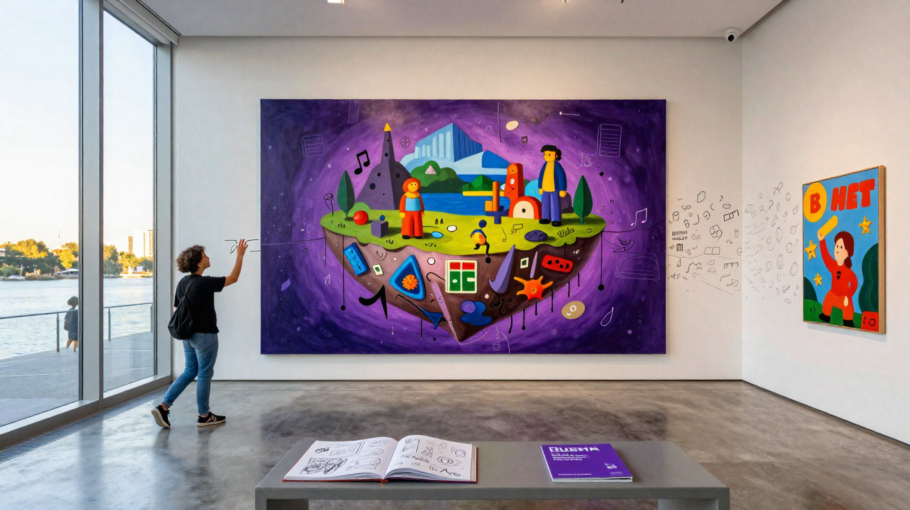 Interior de galeria de arte com pinturas coloridas, janelas amplas e vista para o rio ao fundo.
