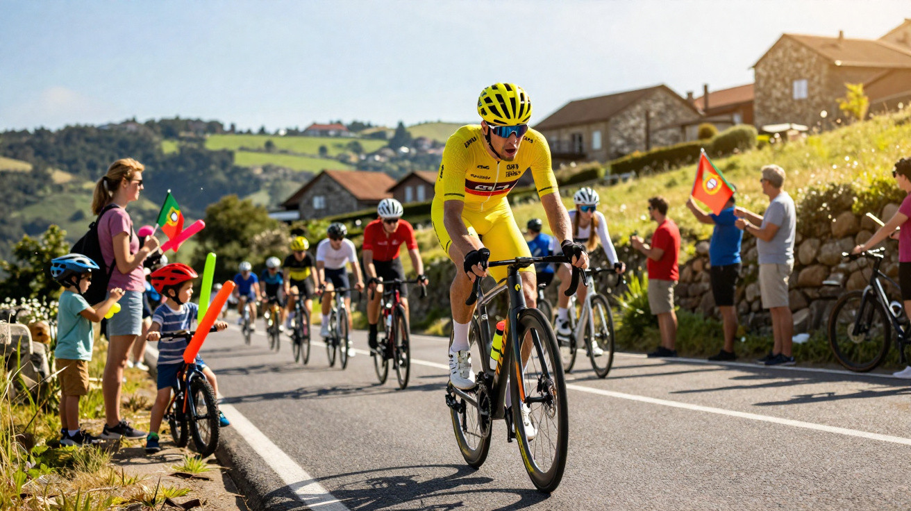 Ciclista de amarelo em corrida numa estrada com espectadores a aplaudir e paisagem rural ao fundo.