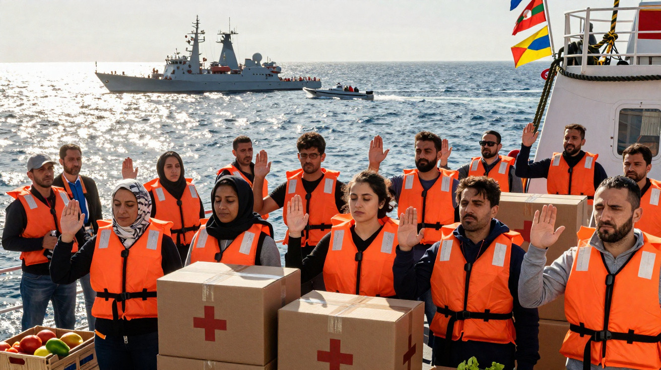 Grupo de pessoas com coletes salva-vidas em barco, segurando caixas com cruz vermelha, mar e navios ao fundo.