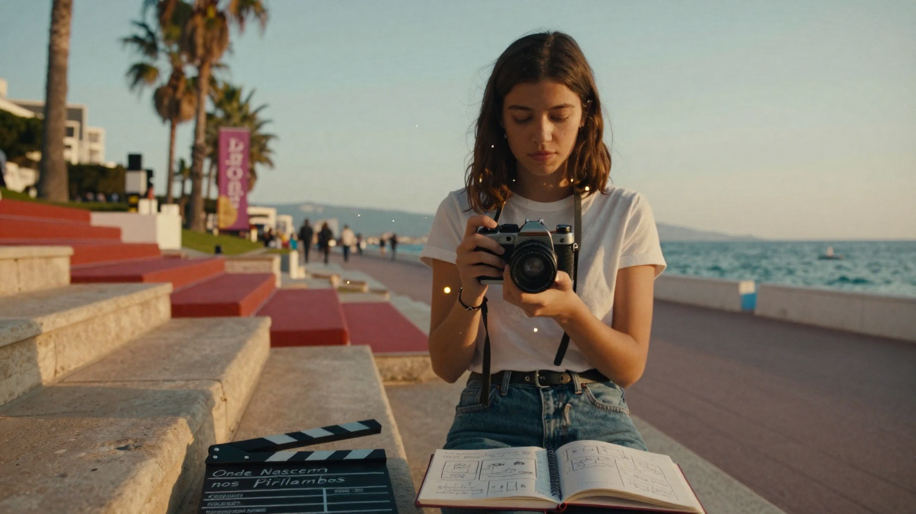 Jovem a tirar fotos com máquina analógica junto ao mar, com caderno e claquete de cinema sobre a mesa.