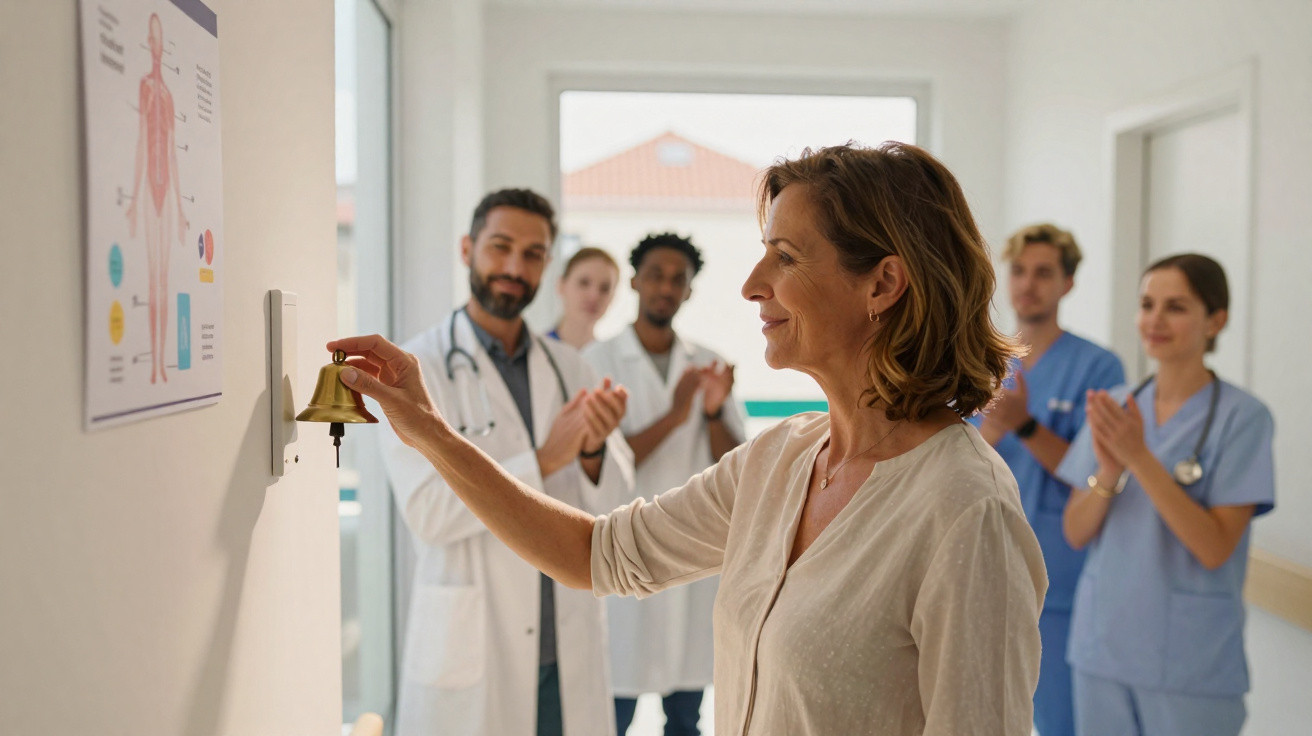 Mulher a tocar campainha com equipa médica a aplaudir ao fundo numa sala de hospital iluminada.