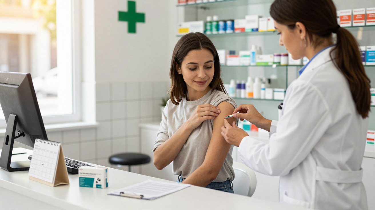 Farmacêutica a administrar vacinação a jovem paciente numa farmácia.