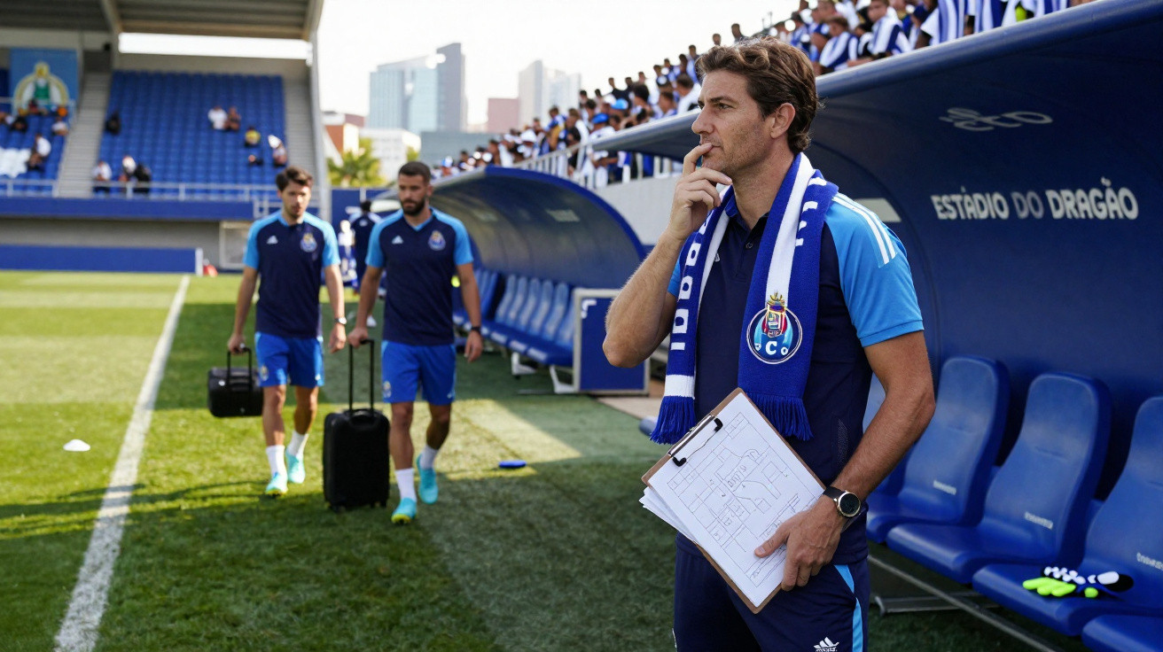 Treinador de futebol do FC Porto pensativo na linha lateral enquanto jogadores caminham com malas no estádio.