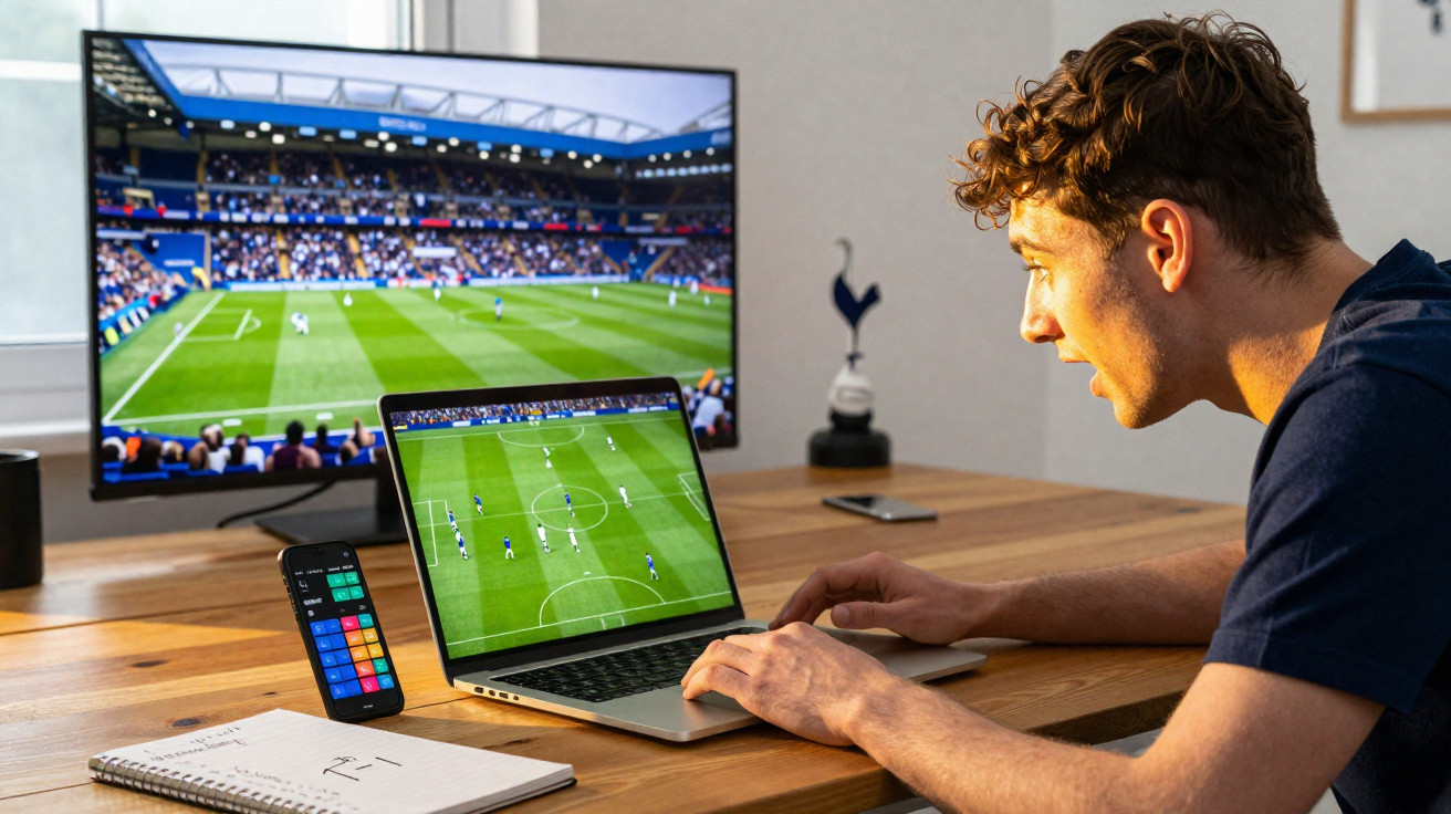 Homem a assistir a jogo de futebol em TV e laptop com aplicação de apostas no telemóvel.