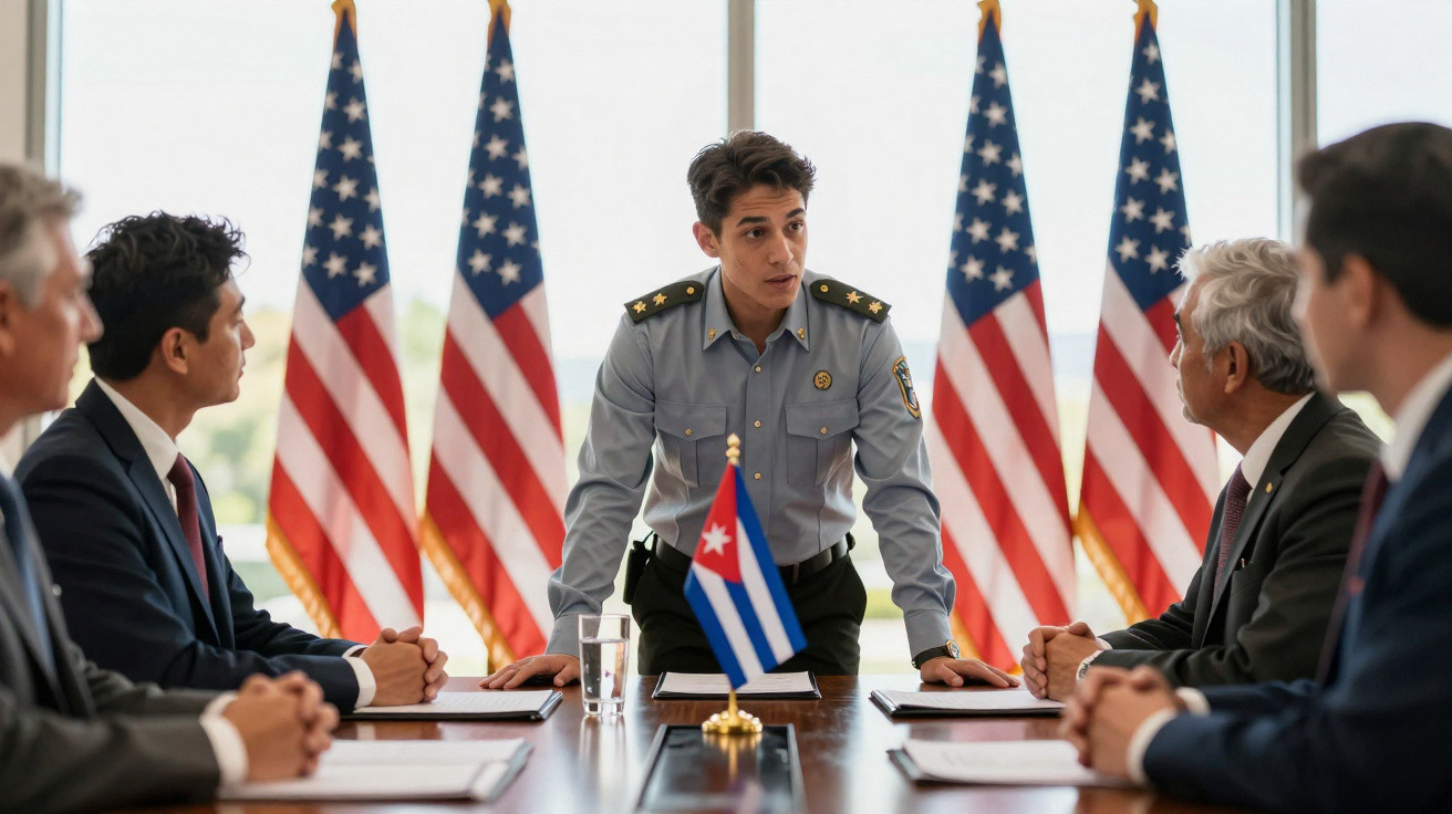 Reunião diplomática entre representantes cubanos e americanos com bandeiras dos EUA ao fundo.
