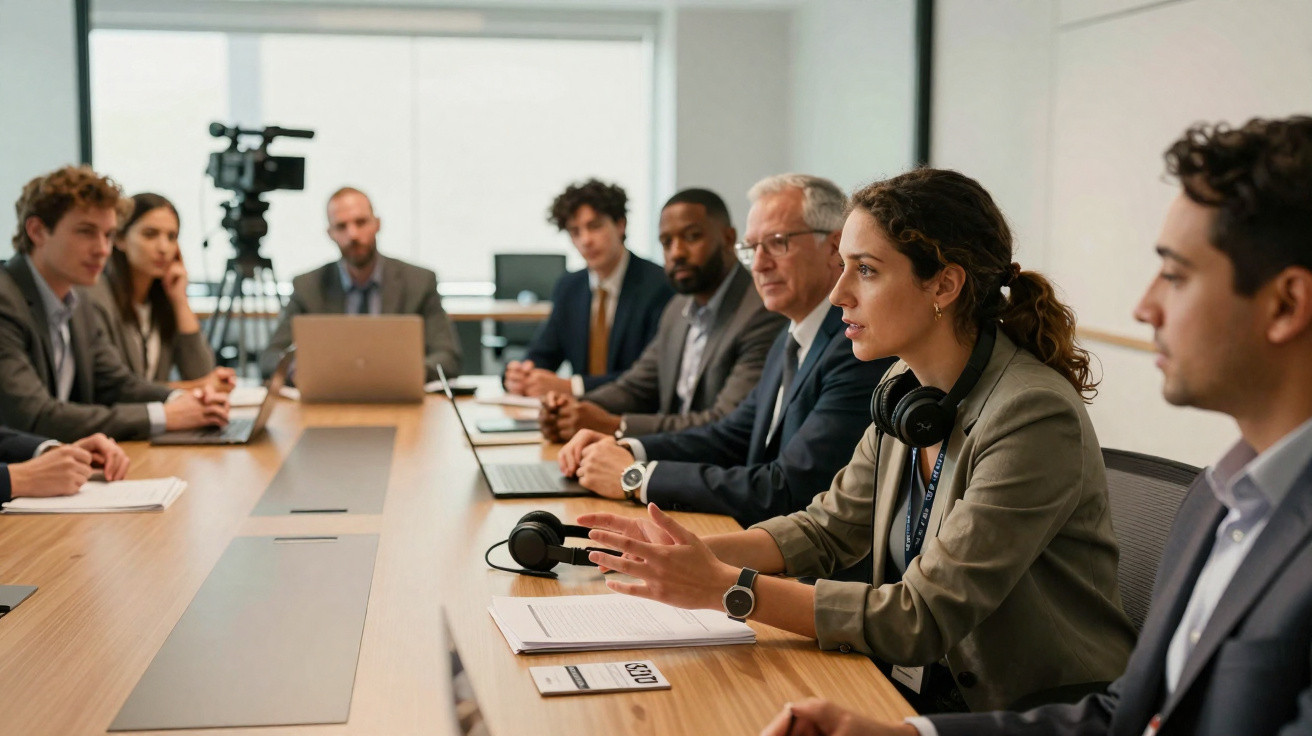 Reunião de negócios com seis pessoas sentadas à mesa discutindo documentos num ambiente profissional.