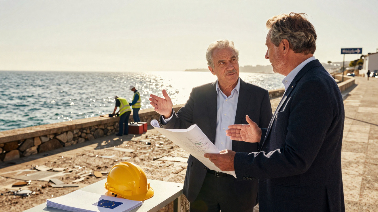 Dois homens discutem planos de construção junto ao mar, enquanto outros trabalhadores registram dados perto de uma lomba.