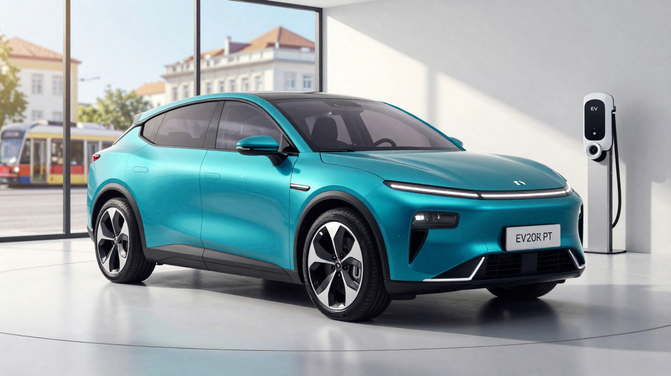 Carro eléctrico azul turquesa estacionado junto a estação de carregamento interior com janelas amplas.