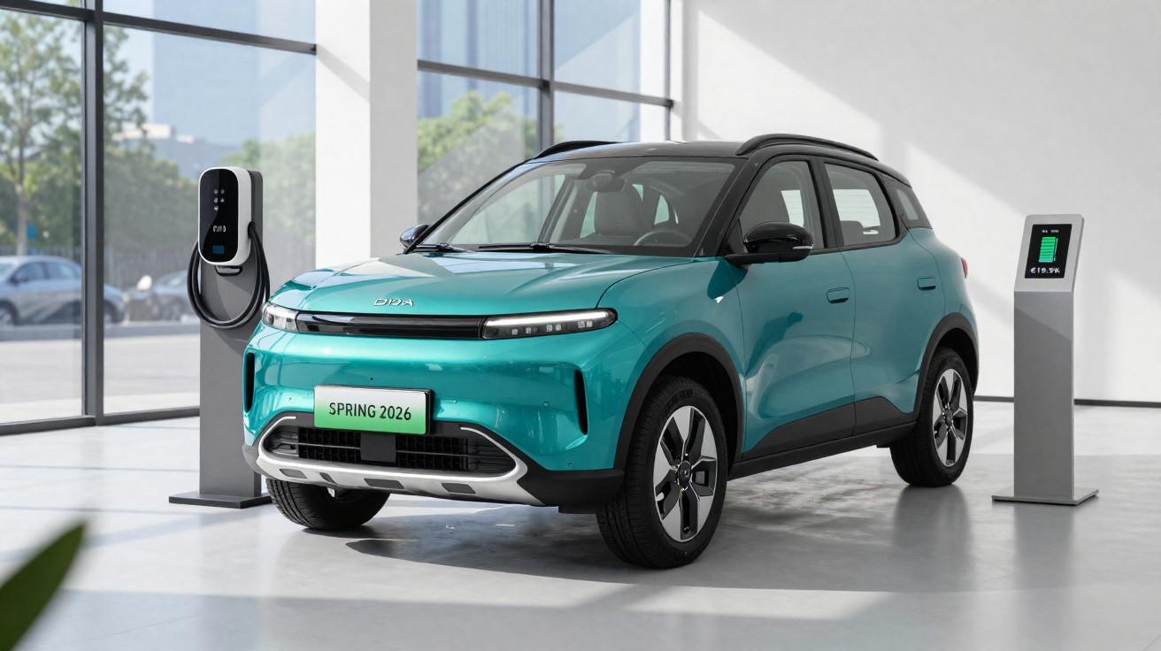 Carro eléctrico azul DIDA Spring 2026 estacionado em showroom moderno com estação de carregamento.