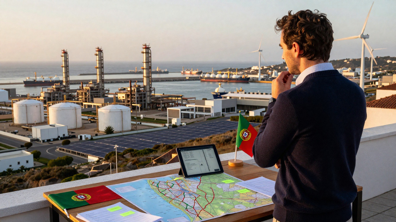 Homem observa instalação industrial com turbinas eólicas, painéis solares e navios no mar ao pôr do sol.