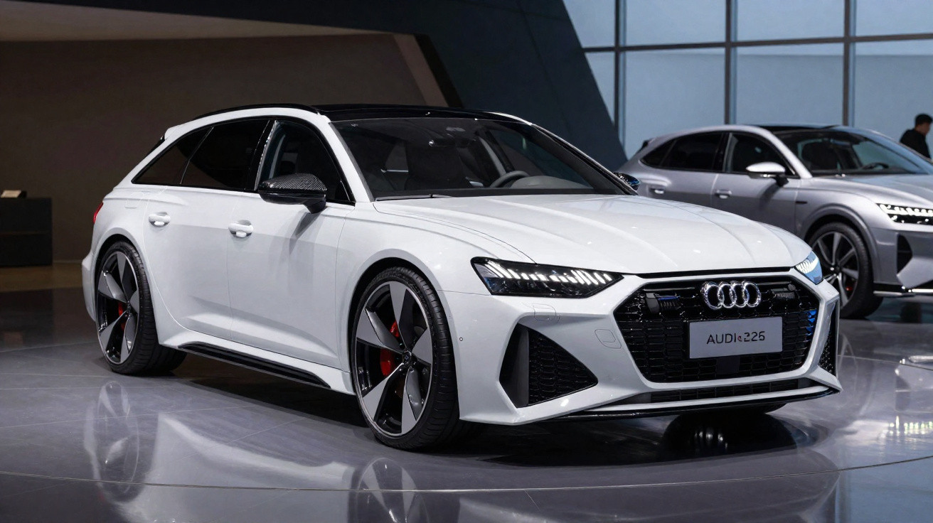 Automóvel Audi RS 2026 branco com design desportivo exibido em salão automóvel moderno.