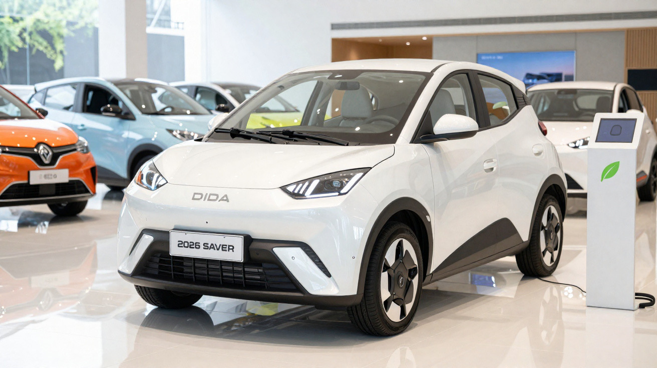 Carro elétrico branco Didia 2026 Saver exposto em salão automóvel moderno com outros carros ao fundo.