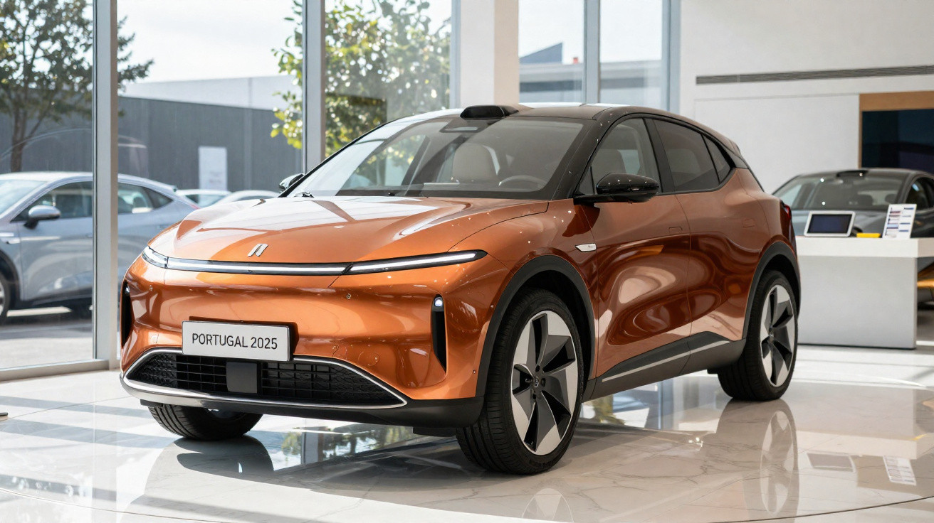Carro elétrico laranja exposto numa sala moderna com janelas amplas e chão branco brilhante.