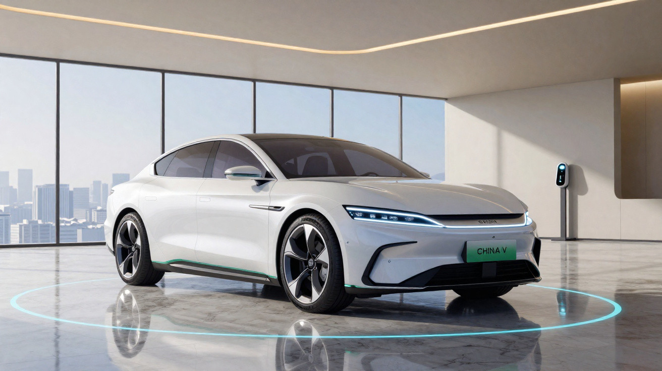 Carro eléctrico branco futurista numa sala moderna com grandes janelas e vista para a cidade.