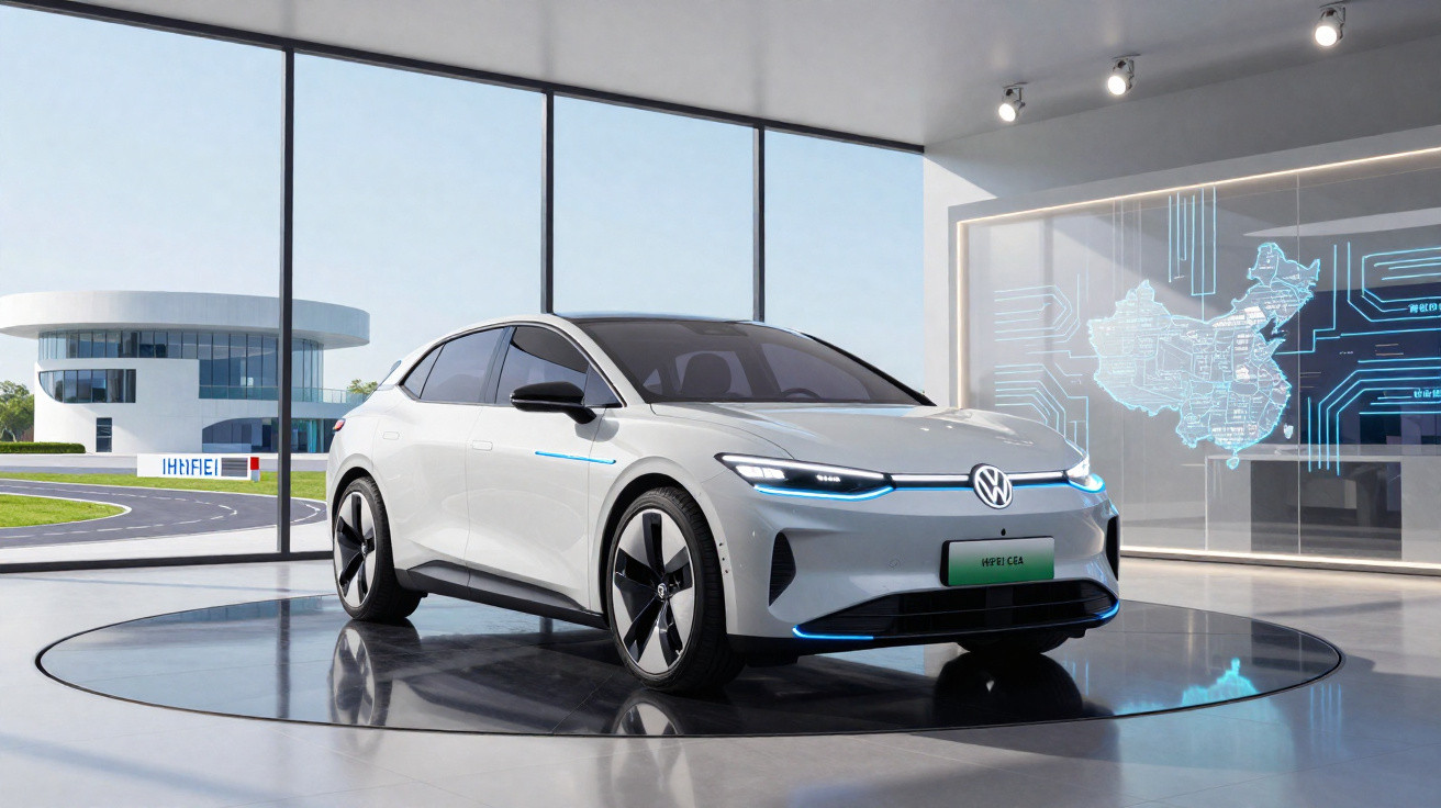 Automóvel elétrico branco Volkswagen ID.3 exposto em sala moderna com janelas amplas e projeções digitais na parede.
