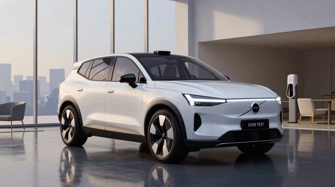Carro elétrico Volvo EX90 branco com teto preto estacionado num espaço interior moderno e luminoso.