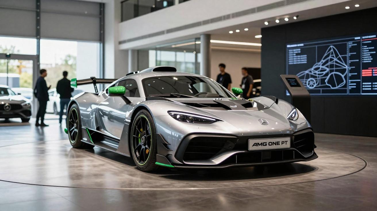 Carro desportivo Mercedes-AMG One prata com detalhes verdes em exposição num showroom moderno.