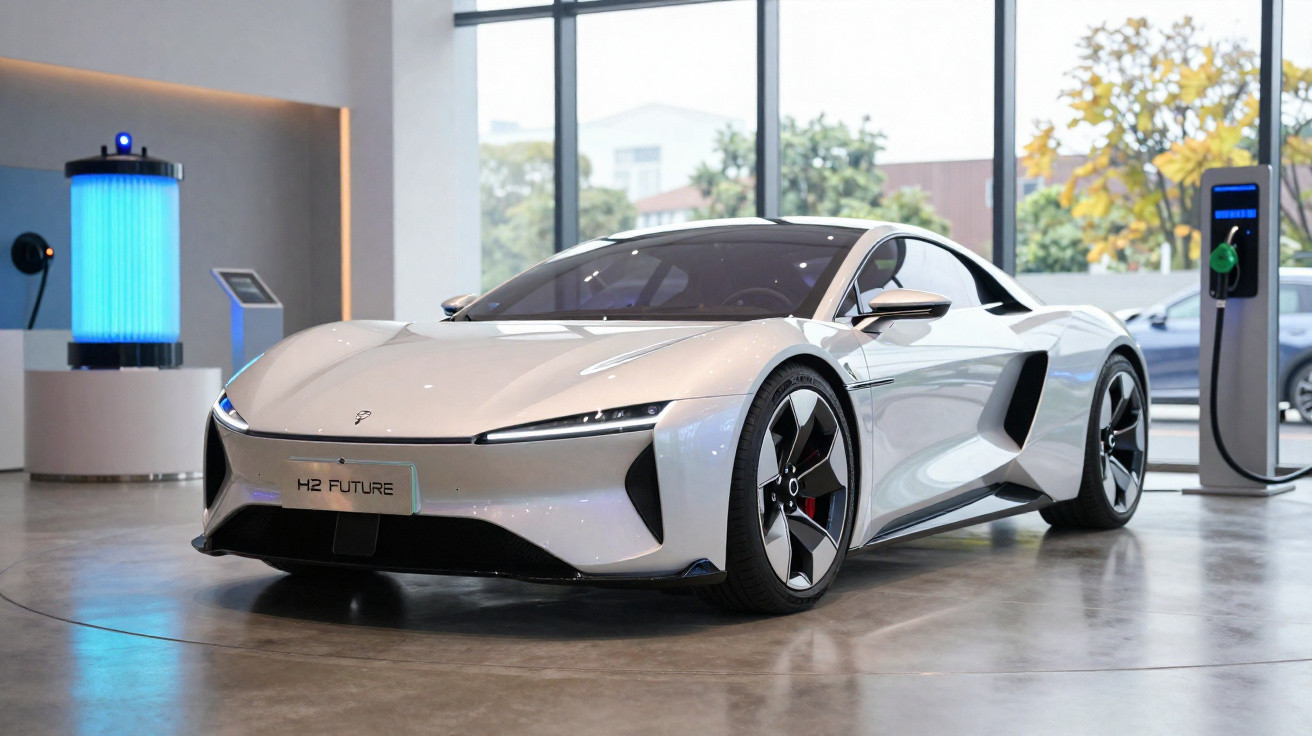Carro elétrico branco futurista estacionado em showroom com painel de carregamento e janelas amplas.