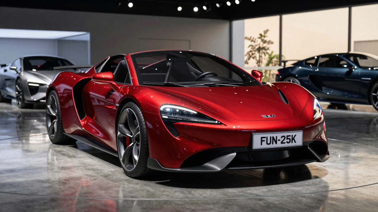 Carro desportivo conversível vermelho estacionado em salão de automóveis moderno com outros carros ao fundo.