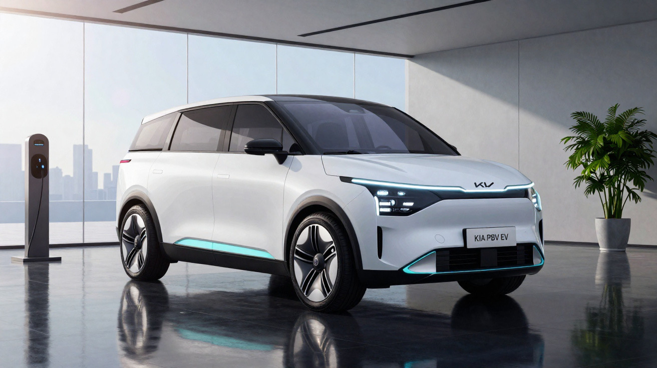 Automóvel elétrico Kia EV branco estacionado num espaço moderno interior com posto de carregamento e planta.