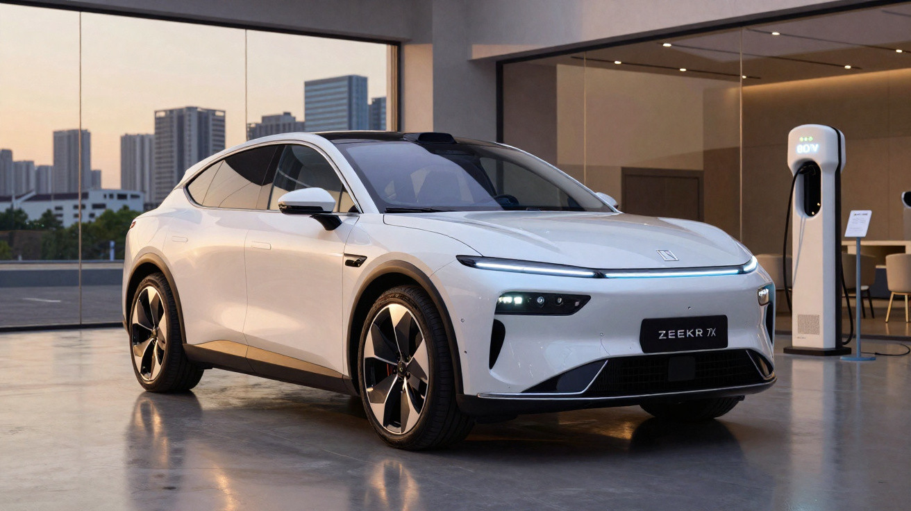 Automóvel elétrico branco Zeekr 7X estacionado em garagem moderna com painel de carregamento visível.