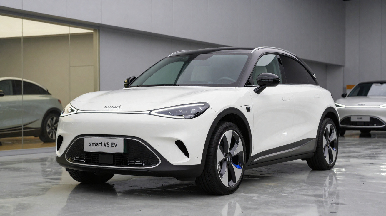 Carro elétrico Smart #5 EV branco estacionado em espaço interior moderno com piso cinzento.