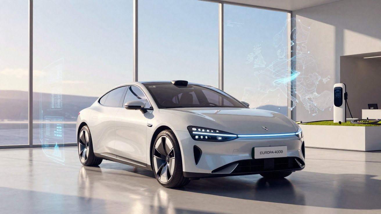 Carro elétrico branco Europa 400B estacionado em espaço moderno com carregador e mapa digital da Europa na parede.