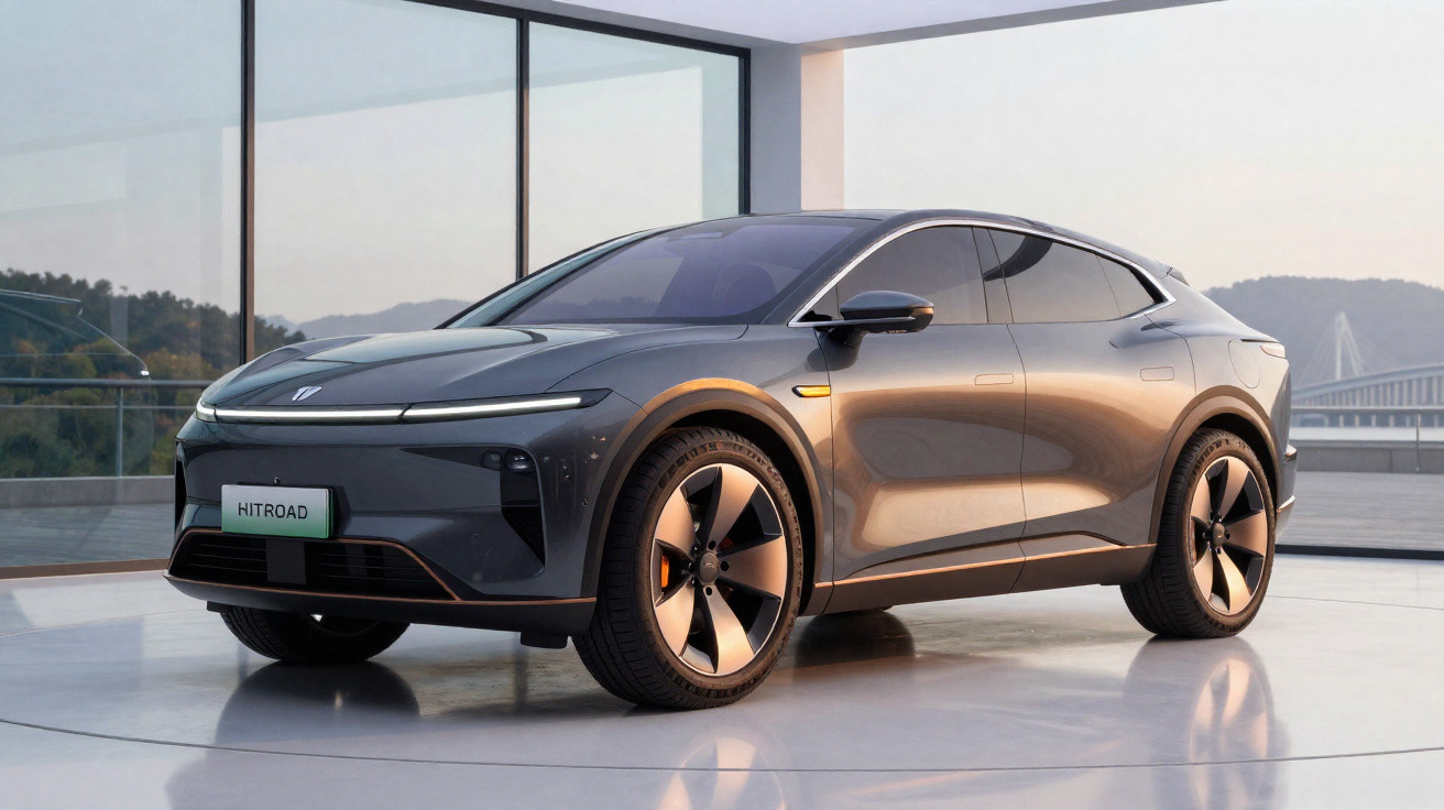 Carro elétrico cinzento moderno estacionado numa sala com grandes janelas e vista para natureza.