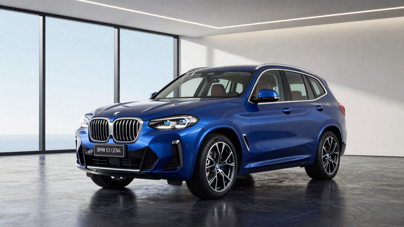 Carro BMW X3 GEN4 azul estacionado num espaço interior moderno com grandes janelas de vidro.