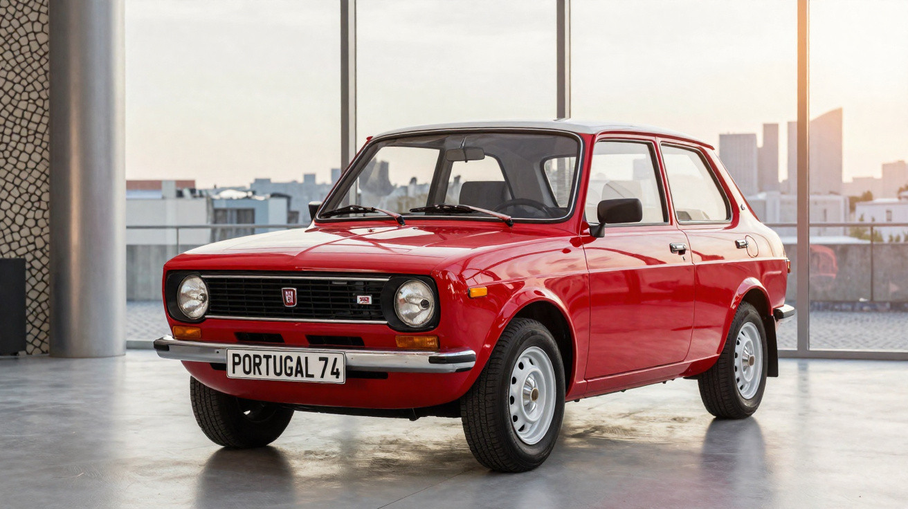 Carro clássico vermelho modelo Fiat 127 de 1974 num espaço interior moderno com grandes janelas.