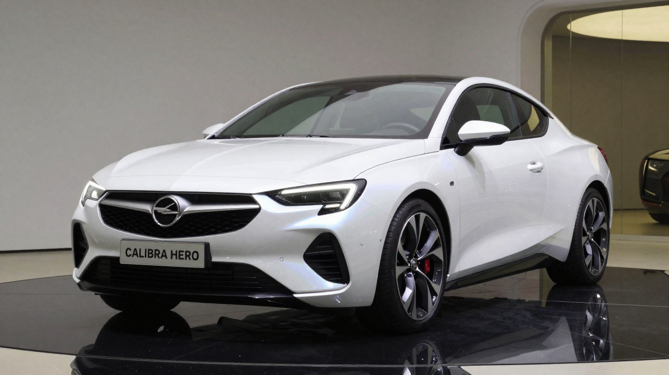 Carro coupé branco Opel Calibra Hero moderno em exposição com luzes dianteiras acesas.
