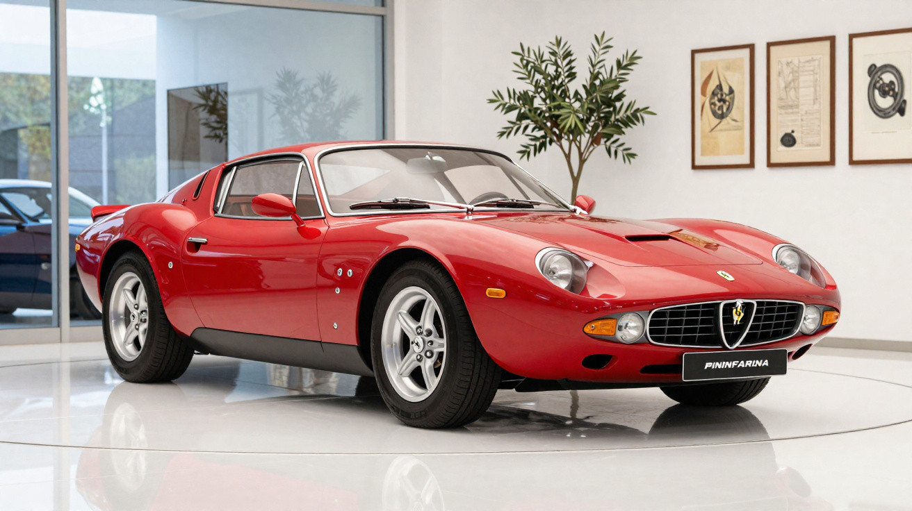 Carro desportivo clássico vermelho exposto em showroom moderno com paredes decoradas e janelas amplas.